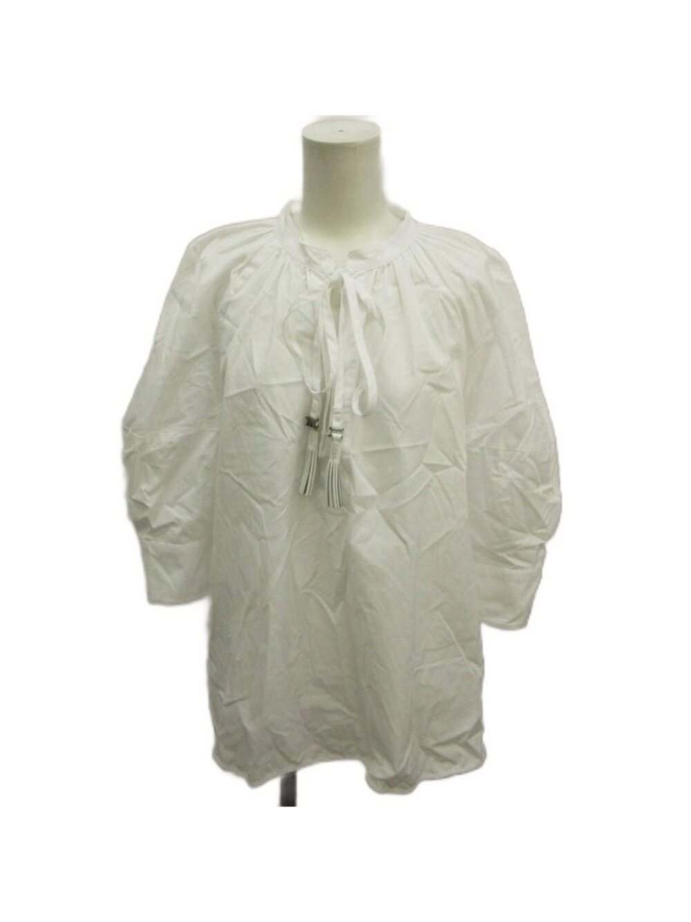 Max Mara Shirt Blouse Top Ribbon Three Quarter Sleeve Gathered Neck White